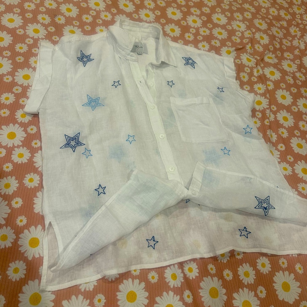 Rails White Linen Top with Blue Embroidery